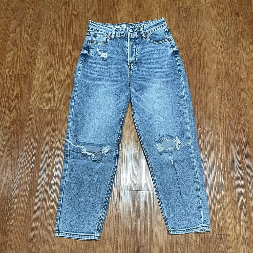 blue distressed denim mom jeans